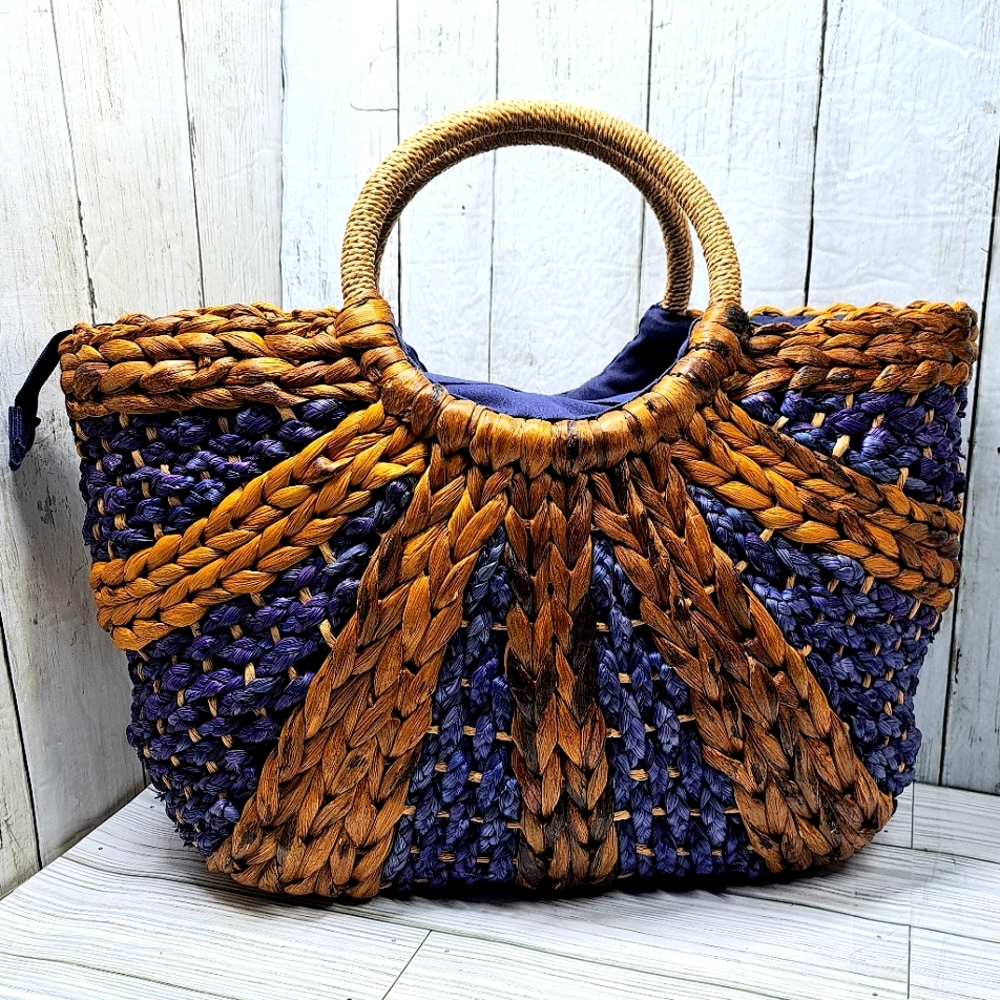 Straw Studios M/L Woven Raffia Circle Handle Lined MultiPocket Basket Tote